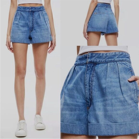 ALICE + OLIVIA NWT CONRY PLEATED DENIM JEAN SHORTS IN  IVY BLUE SIZE 28 - Picture 1 of 7